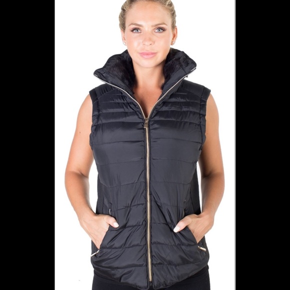 Black High Collar Sleeveless Puff Vest - Picture 1 of 13